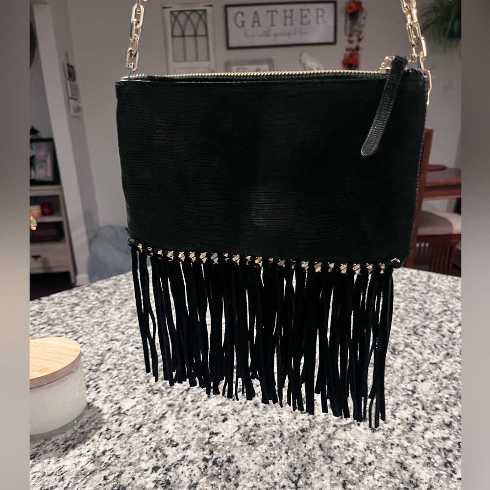 henri bendel Black Fringe Crossbody Bag with Gold Chain - Picture 2 of 12